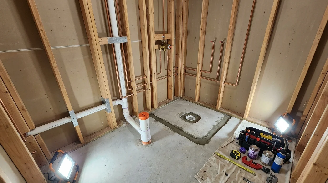 Bathroom rough-in plumbing during remodel by Johns Plumbing LLC in Mission Hills