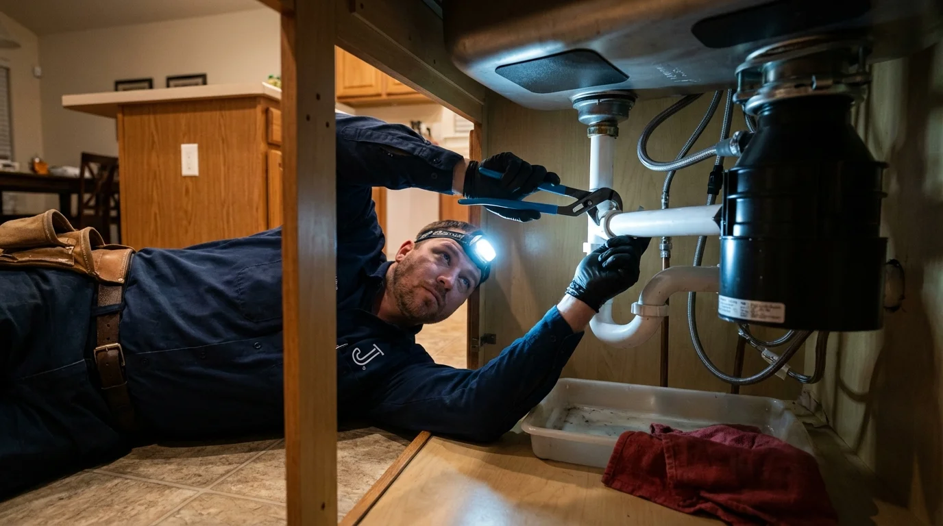 P-trap and supply line connections under a kitchen sink showing a common leak point in Mission Hills, CA